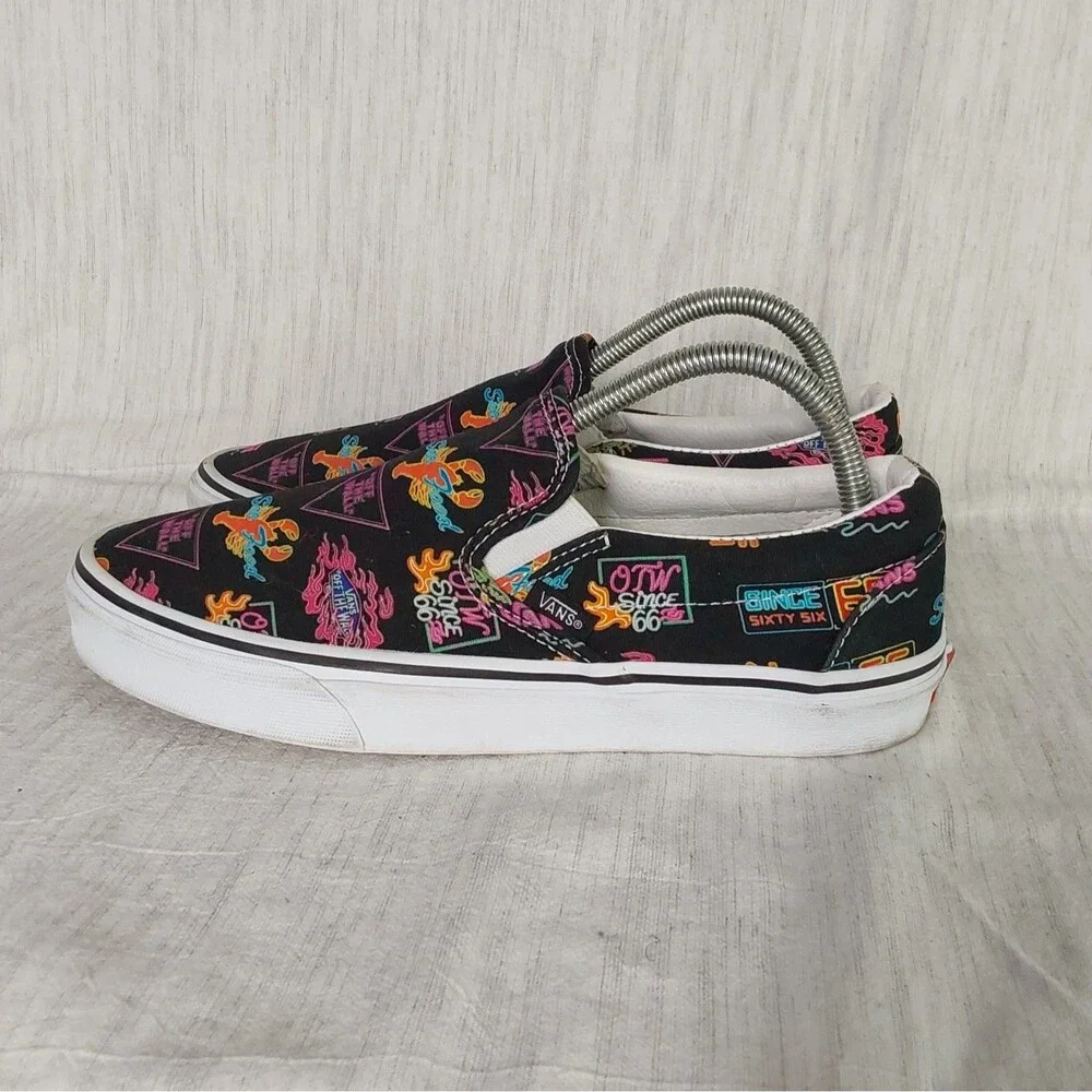 Vans Classic Slip-On Market Black Neon Signs Seafood Mens 8 Womens 9.5